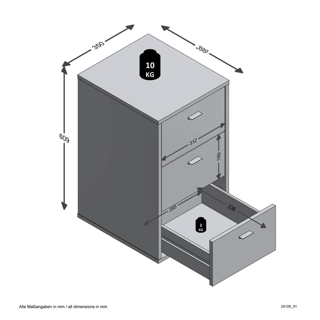 FMD Mesita de noche con 3 cajones blanco brillante - Imagen 4