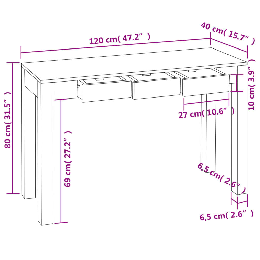 Mesa consola con 3 cajones madera maciza Sheesham 80 cm - Imagen 5