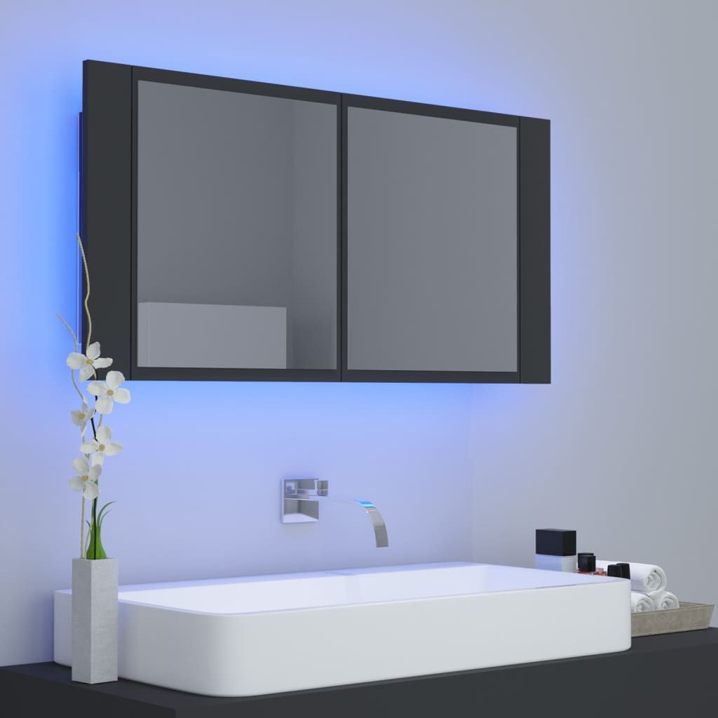 Armario espejo de baño con luz LED acrílico gris 90x12x45 cm - Imagen 3