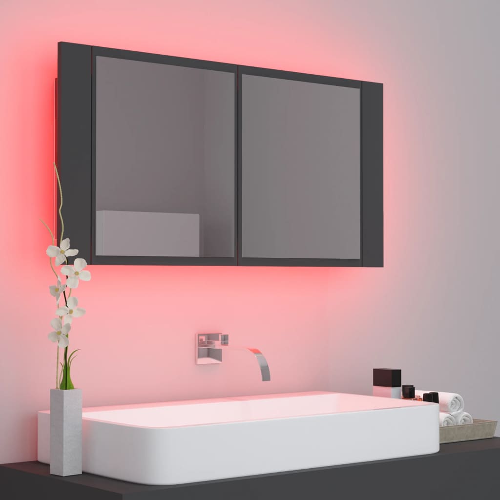 Armario espejo de baño con luz LED acrílico gris 90x12x45 cm - Imagen 5