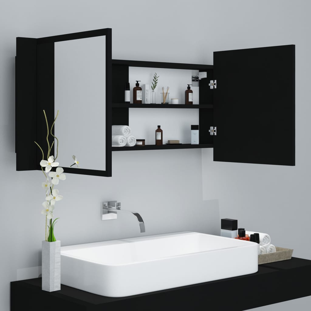 Armario espejo de baño con luz LED acrílico negro 100x12x45 cm - Imagen 8