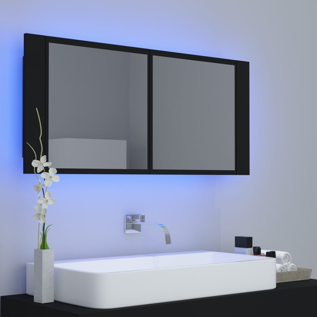 Armario espejo de baño con luz LED acrílico negro 100x12x45 cm - Imagen 9