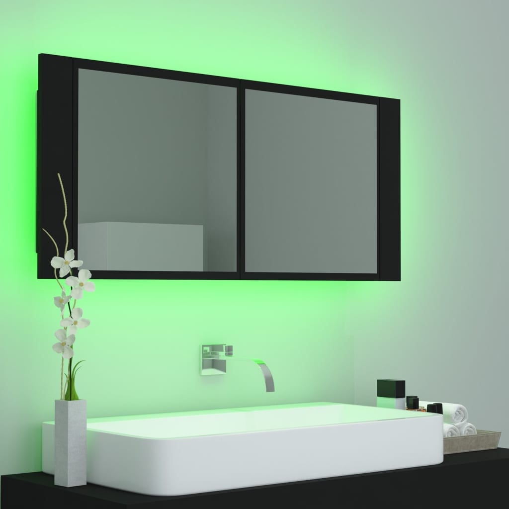 Armario espejo de baño con luz LED acrílico negro 100x12x45 cm - Imagen 10