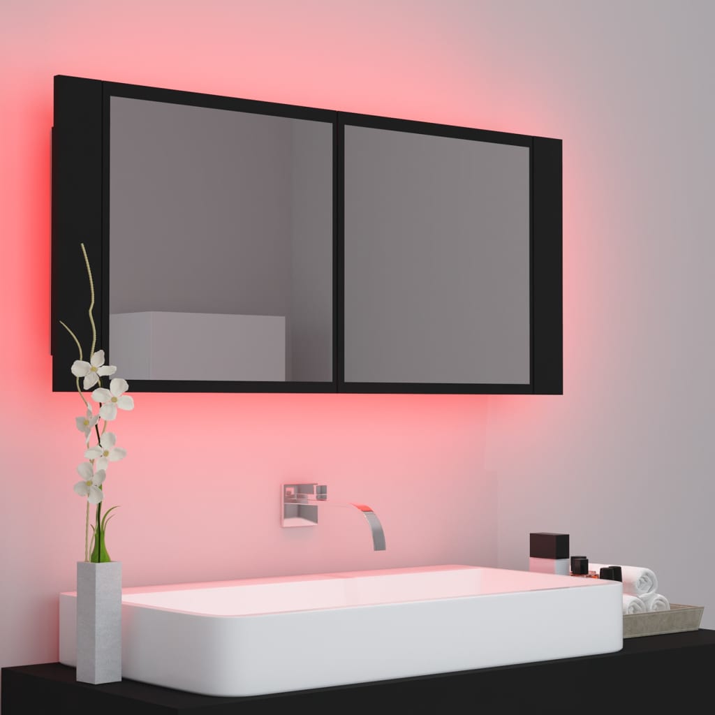 Armario espejo de baño con luz LED acrílico negro 100x12x45 cm - Imagen 11