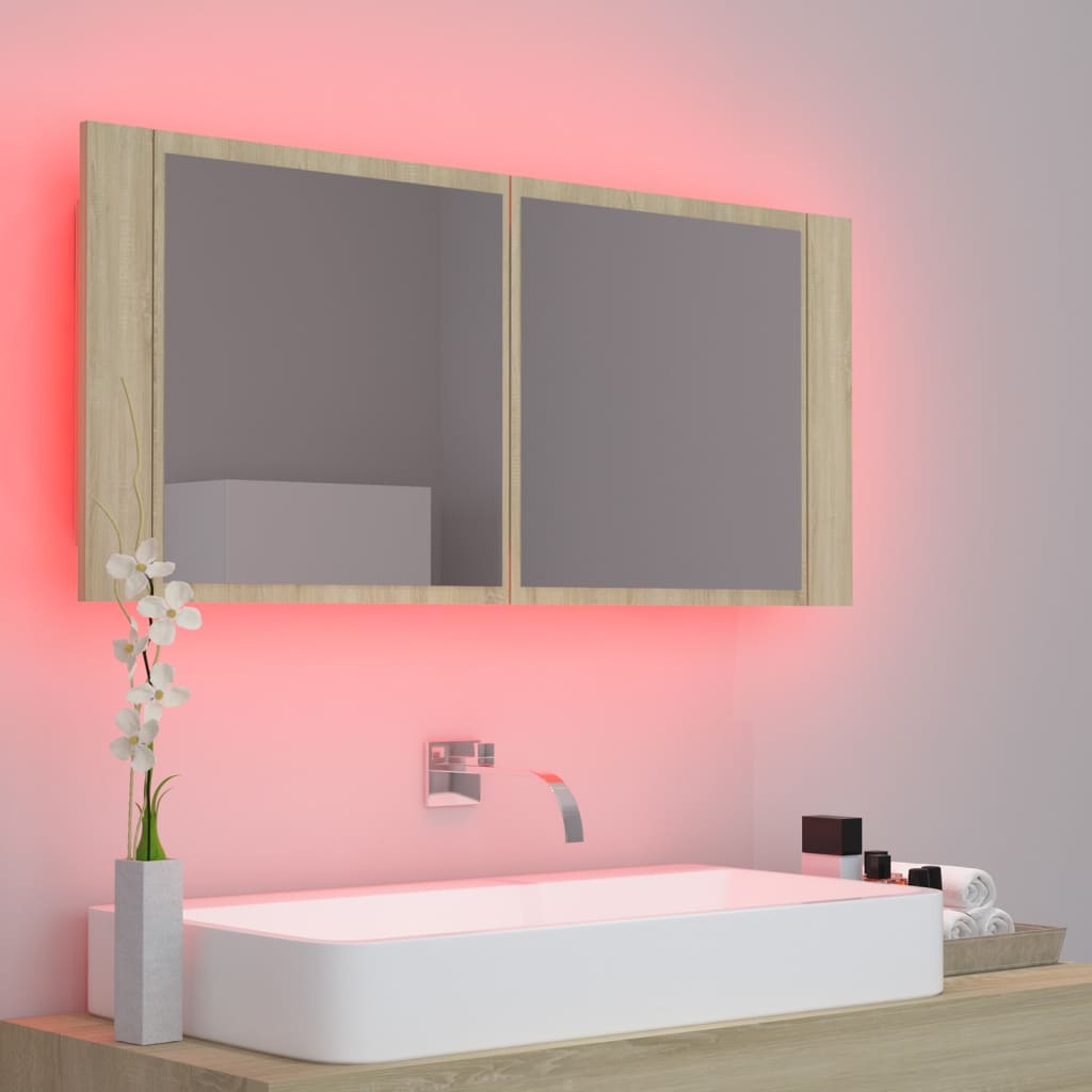 Armario espejo de baño LED acrílico roble Sonoma 100x12x45 cm - Imagen 11