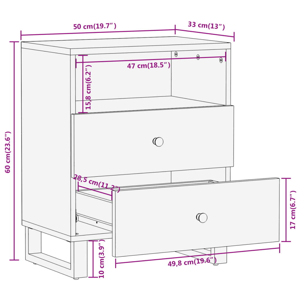 Mesita de noche madera maciza mango marrón y negro 50x33x60 c - Imagen 11