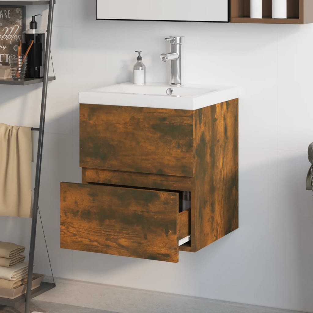 Mueble de baño con lavabo madera de ingeniería roble ahumado - Imagen 3