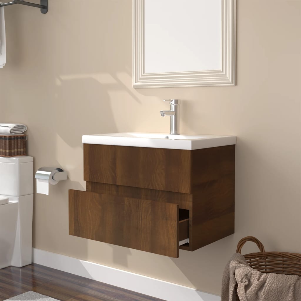 Mueble de baño con lavabo madera contrachapada marrón roble - Imagen 4
