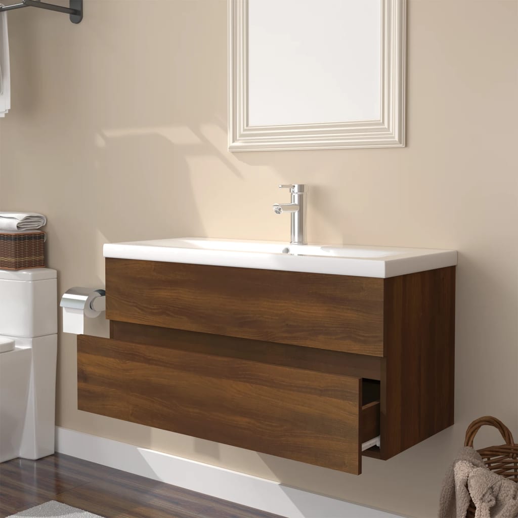 Mueble de baño con lavabo madera contrachapada marrón roble - Imagen 3