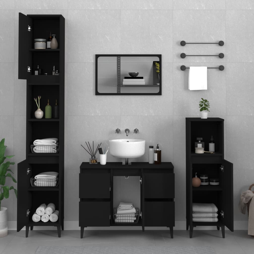 Armario para lavabo madera contrachapada negro 80x33x60 cm - Imagen 3