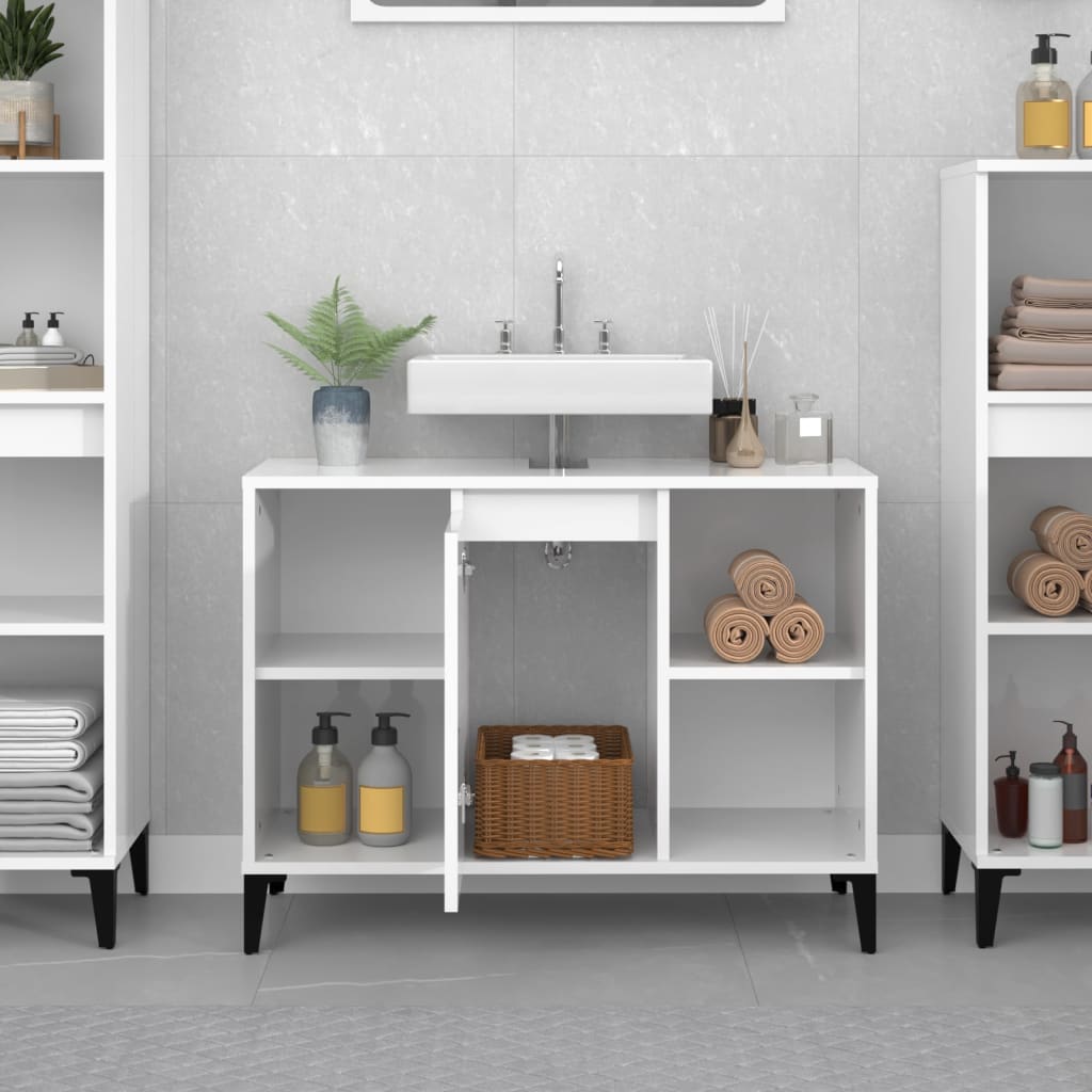 Armario de lavabo madera contrachapada blanco brillo 80x33x60cm - Imagen 3