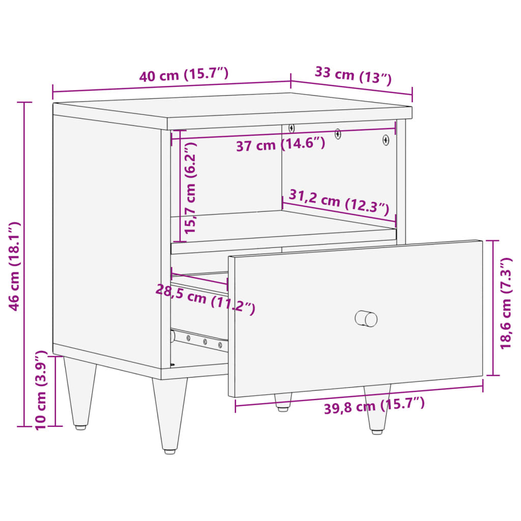 Mesita de noche de madera maciza de mango 40x33x46 cm - Imagen 11