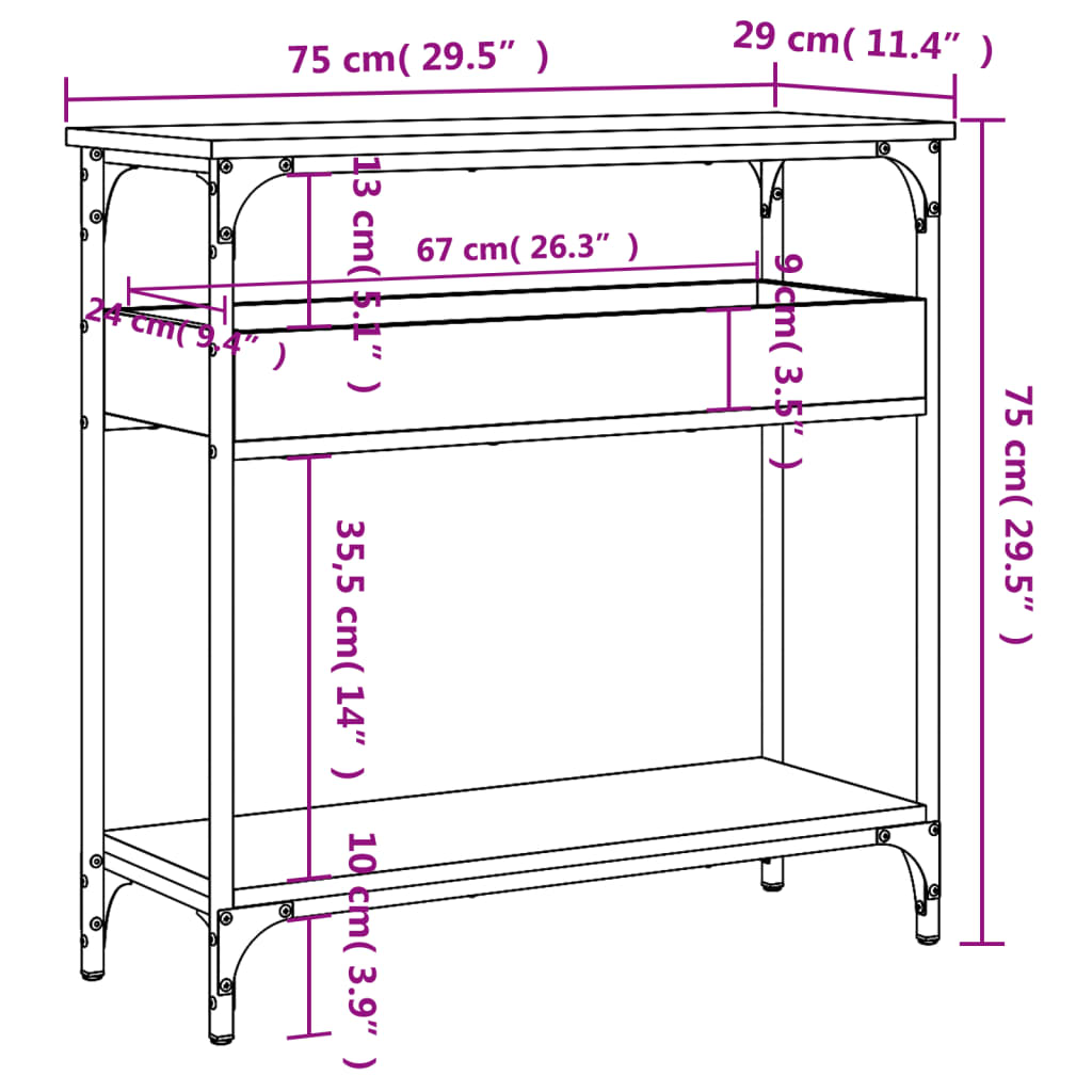 Mesa consola con estante madera ingeniería negra 75x29x75 cm - Imagen 8