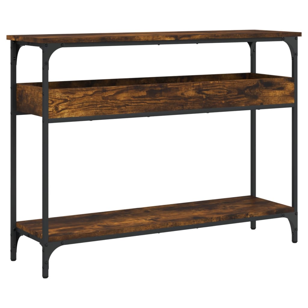 Mesa consola estante madera ingeniería roble humo 100x29x75 cm - Imagen 2