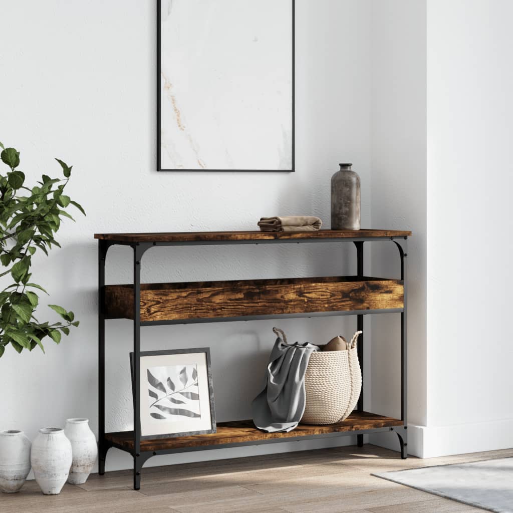 Mesa consola estante madera ingeniería roble humo 100x29x75 cm - Imagen 3