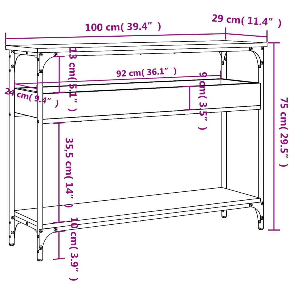 Mesa consola estante madera ingeniería roble humo 100x29x75 cm - Imagen 8