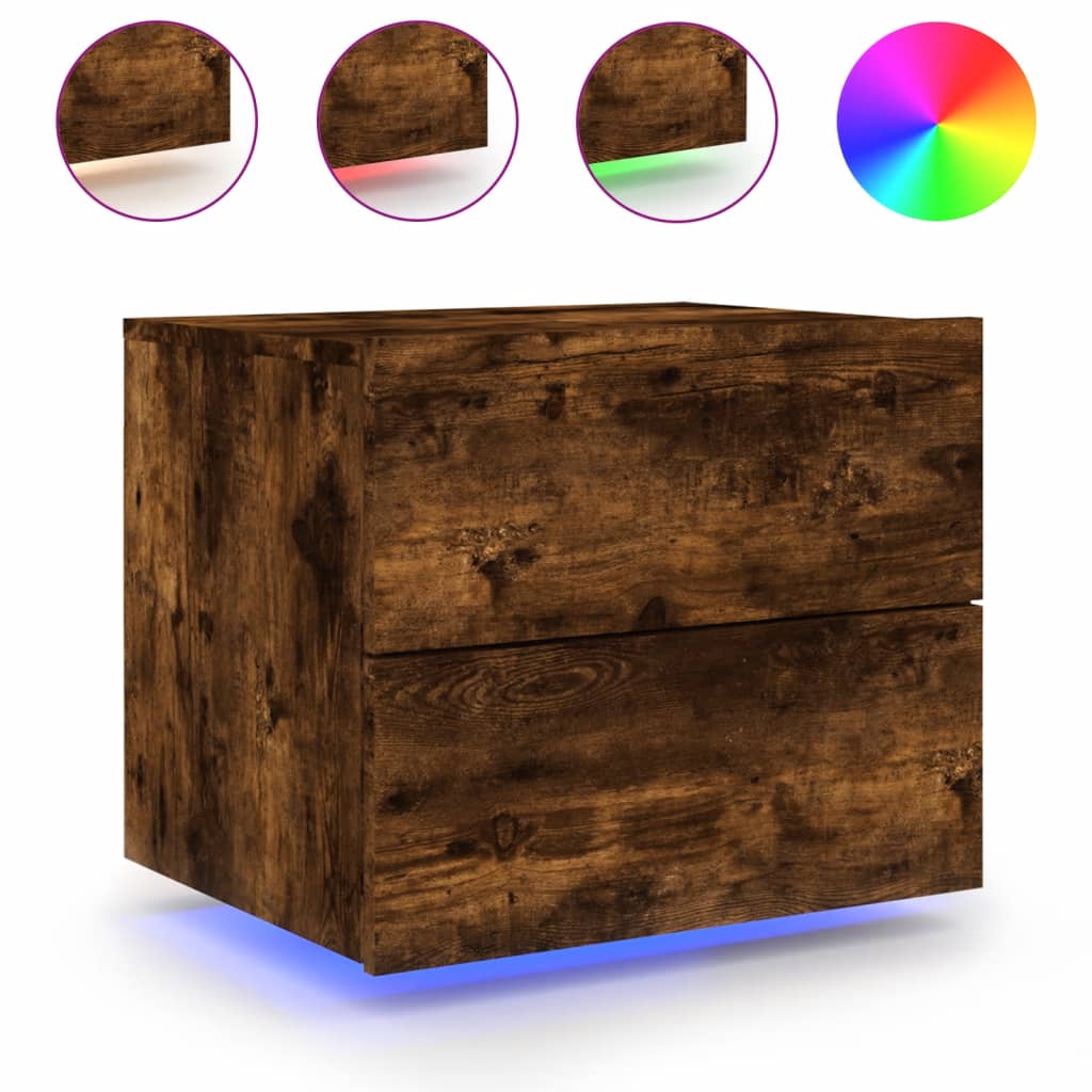 Mesita de noche de pared con luces LED roble ahumado - Imagen 2