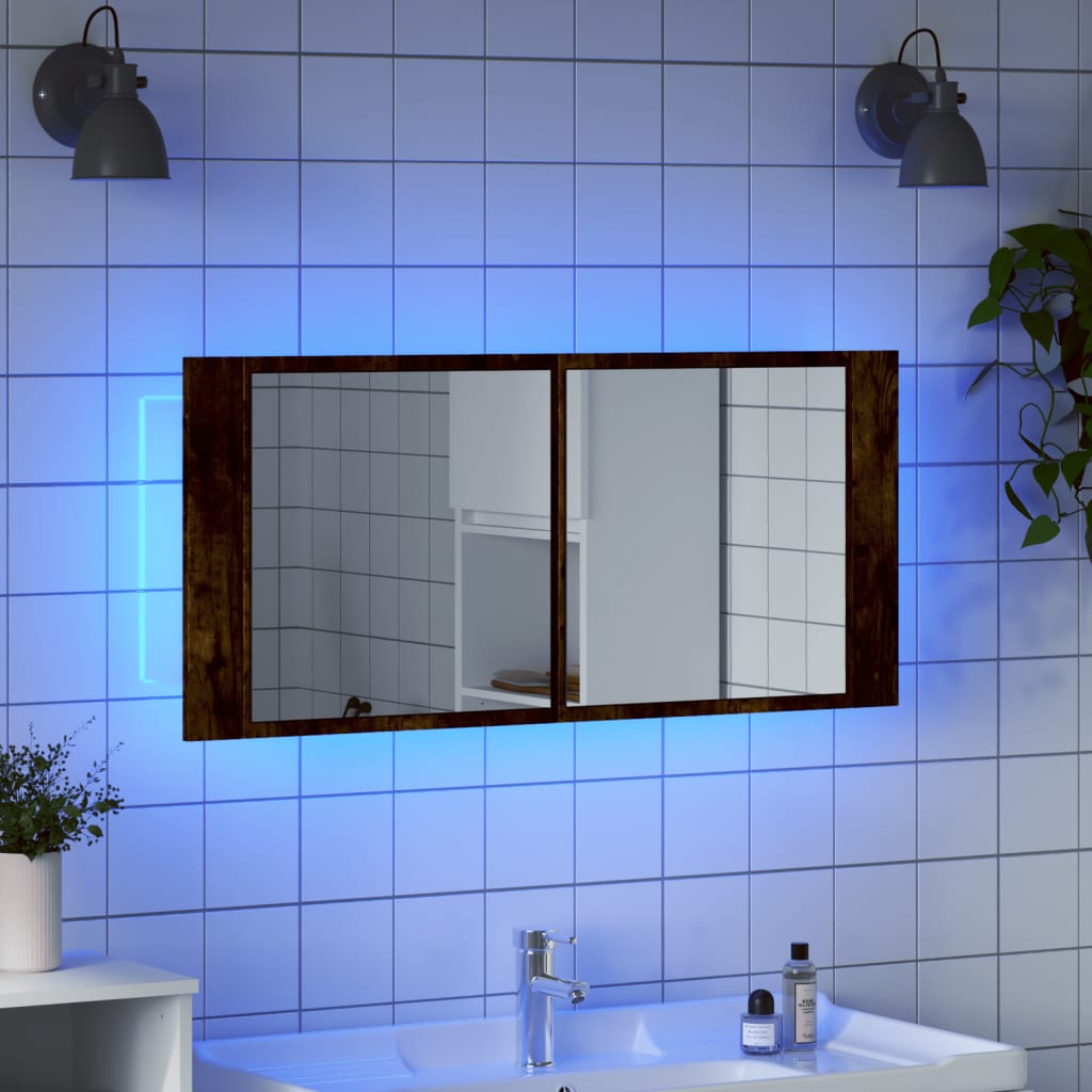 Armario de baño con espejo y luz LED roble ahumado 100x12x45 cm - Imagen 4