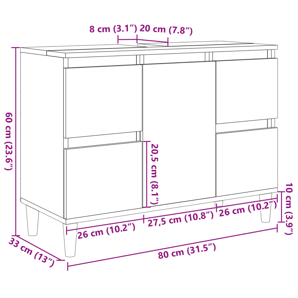 Armario de lavabo madera contrachapada roble Sonoma 80x33x60 cm - Imagen 11