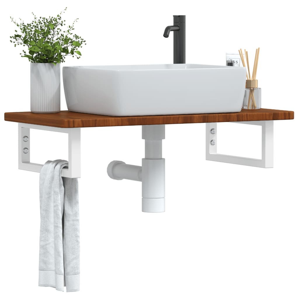 Estante de lavabo de pared de acero y madera maciza de roble