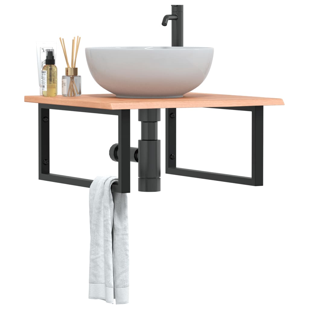 Estante de lavabo de pared de acero y madera maciza de roble