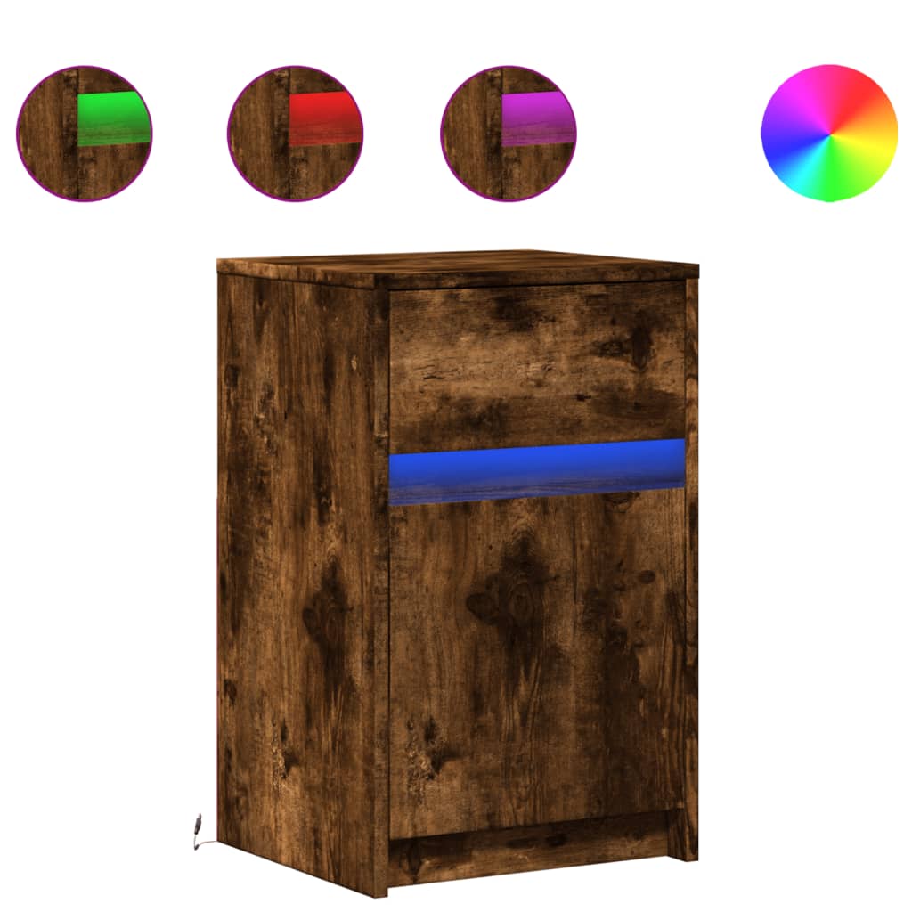 Mesita de noche con luces LED madera ingeniería roble ahumado - Imagen 2