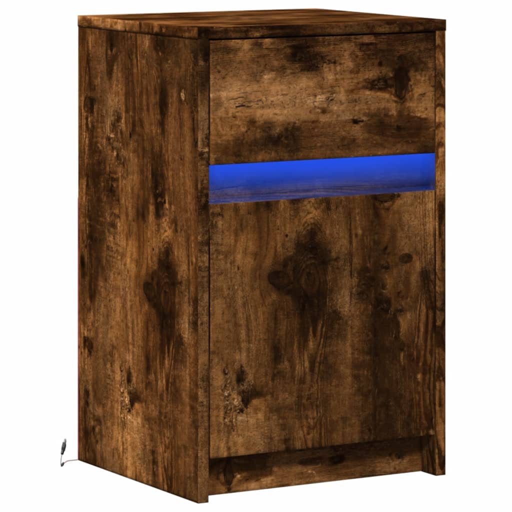 Mesita de noche con luces LED madera ingeniería roble ahumado - Imagen 3