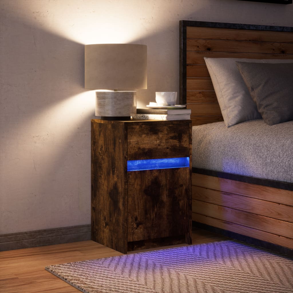 Mesita de noche con luces LED madera ingeniería roble ahumado - Imagen 4