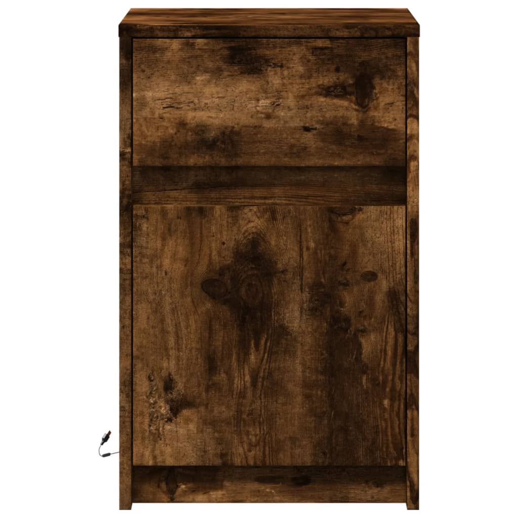 Mesita de noche con luces LED madera ingeniería roble ahumado - Imagen 6