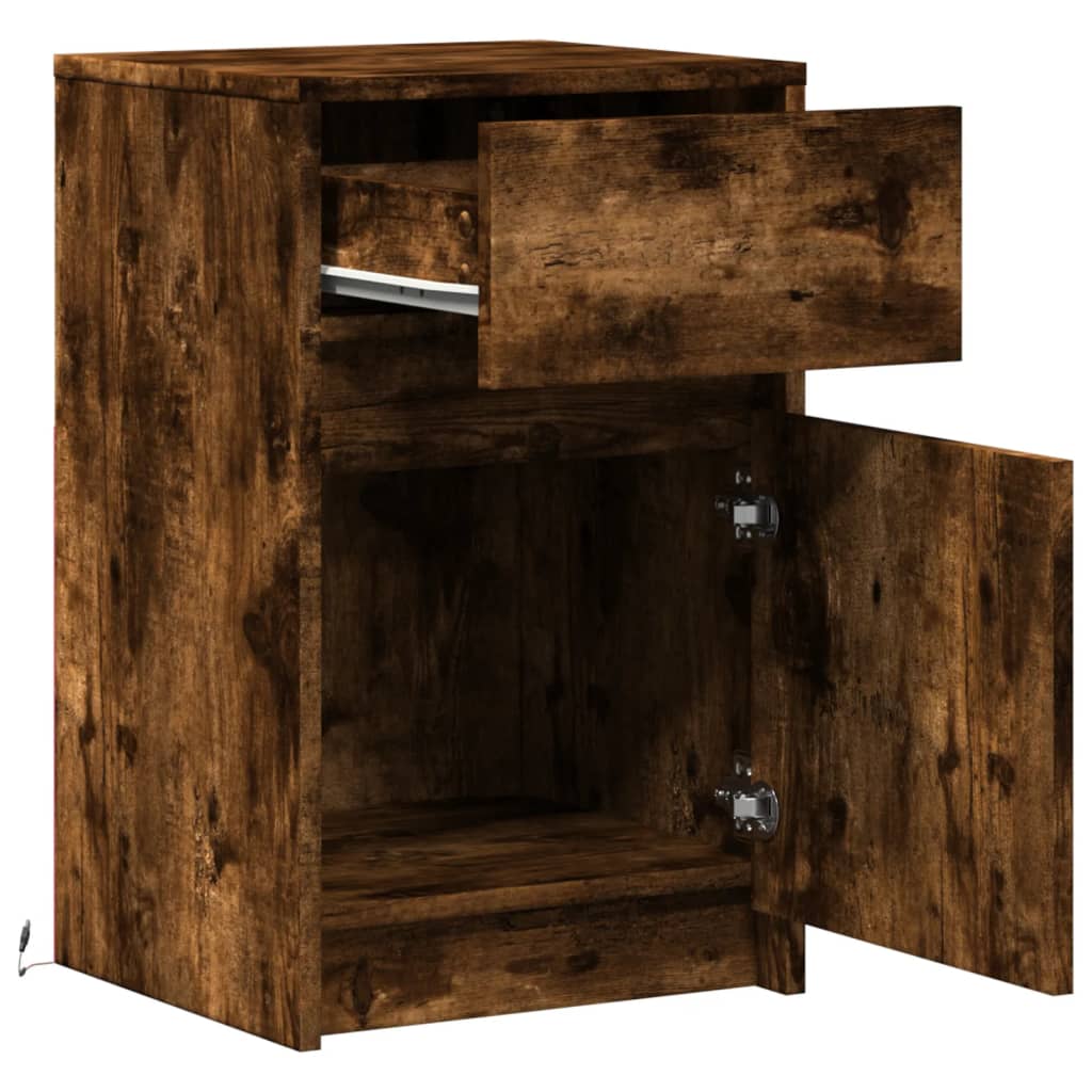 Mesita de noche con luces LED madera ingeniería roble ahumado - Imagen 9