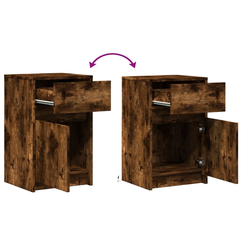 Mesita de noche con luces LED madera ingeniería roble ahumado - Imagen 10