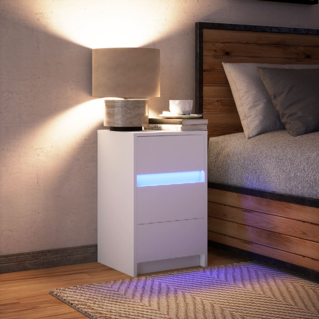 Mesita de noche con luces LED madera de ingeniería blanca - Imagen 5