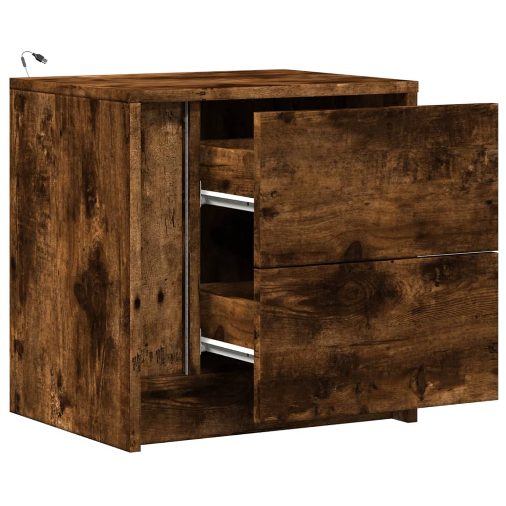 Mesita de noche luces LED 2 uds madera ingeniería roble ahumado - Imagen 12