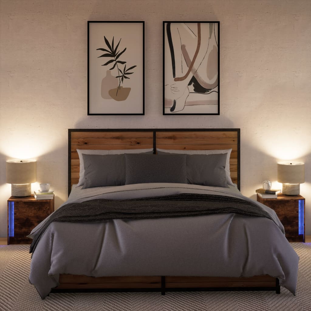 Mesita de noche luces LED 2 uds madera ingeniería roble ahumado - Imagen 5