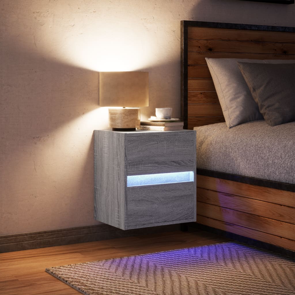 Mesita de noche de pared con luces LED gris Sonoma - Imagen 3